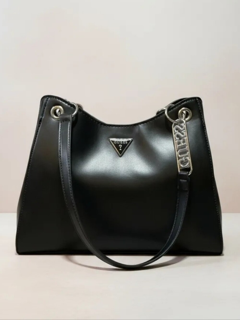GUESS Black Shoulder Tote with Silver Logo Tag